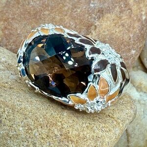 David Sigal 925 Sterling Smoky Quartz Floral Enamel Statement Ring Size 8